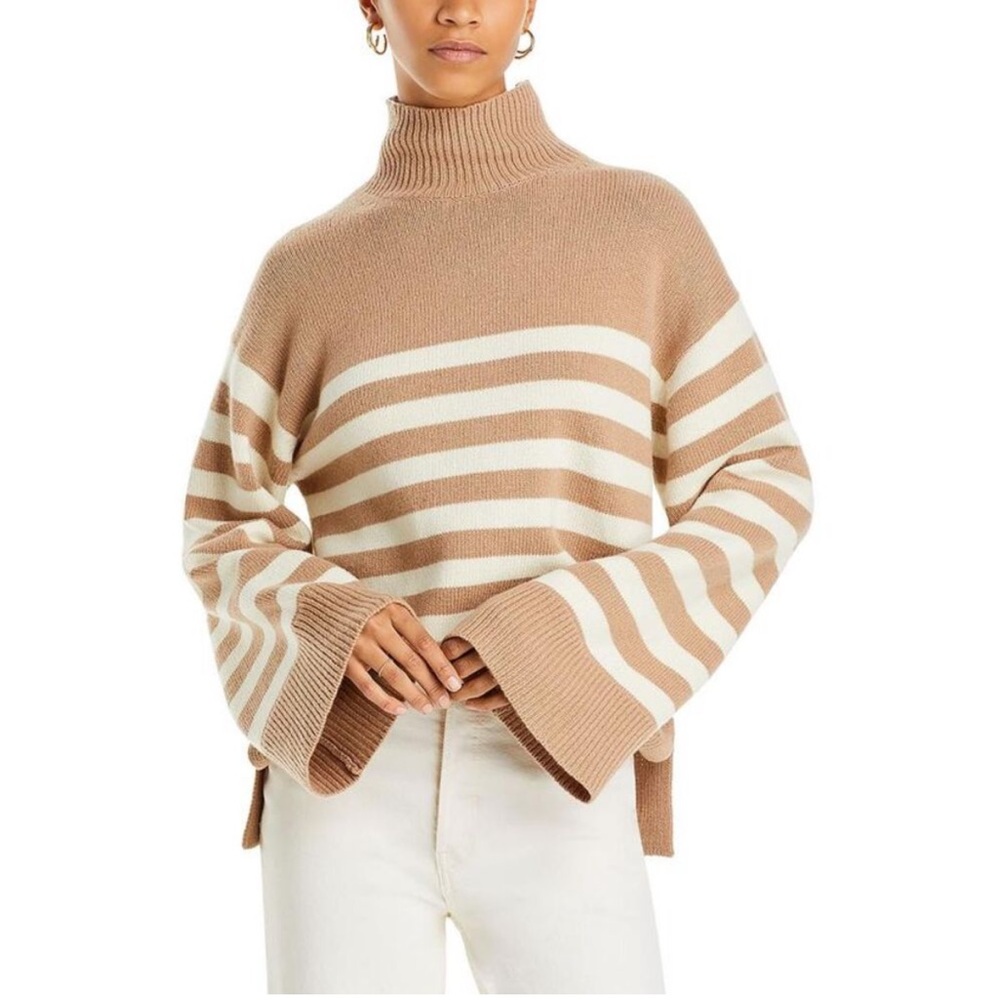 Theory Womens Tan Wool Blend Ribbed Trim Striped Mock Turtleneck Sweater NWT